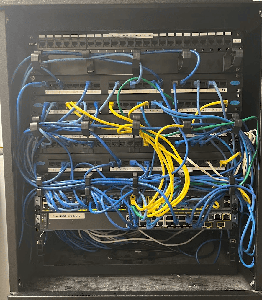 Level 7 rack was a web of cords in a mix of colours and connections