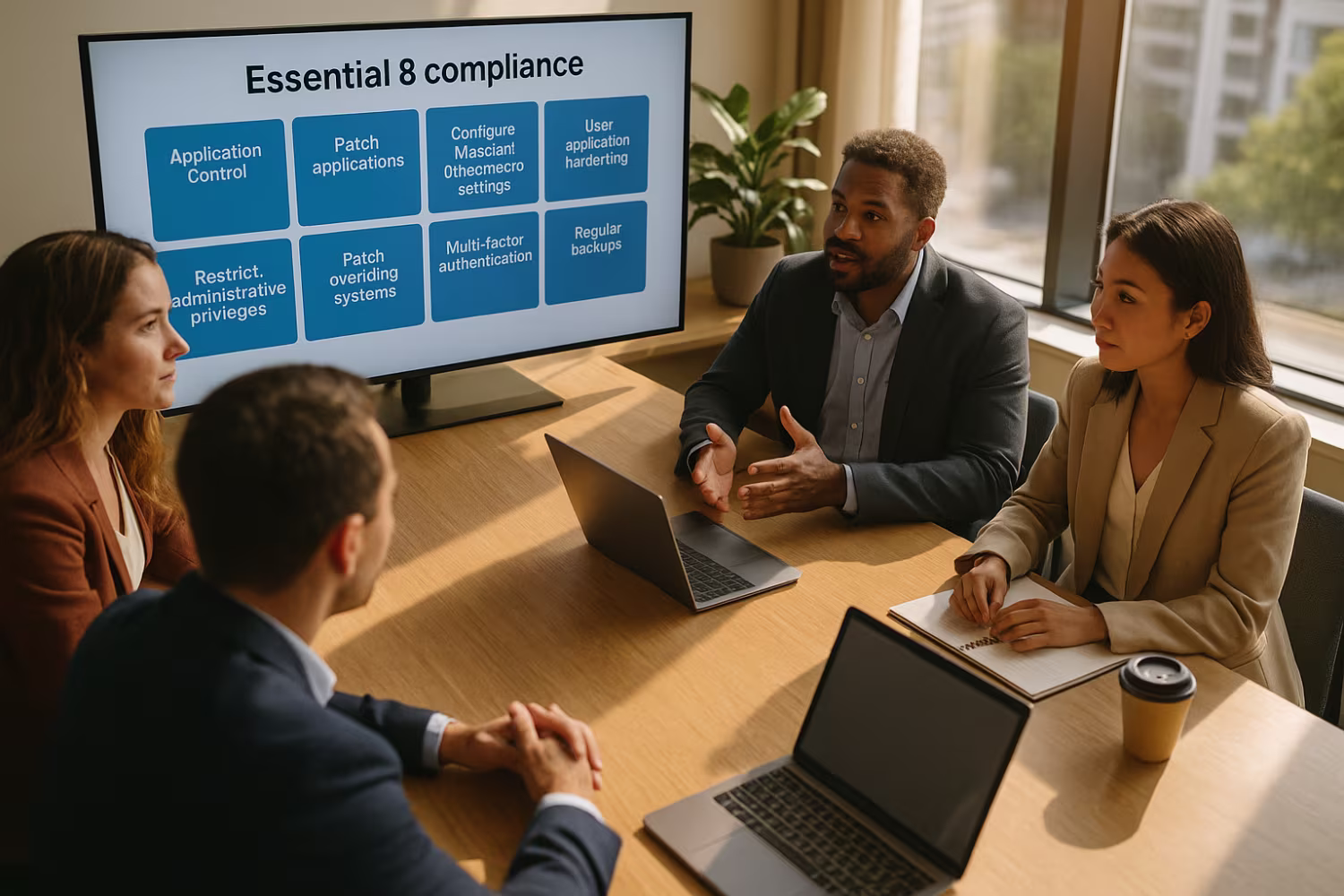 Diverse team analyzing Essential 8 compliance dashboard