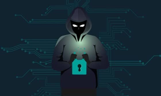 | Digital art of a hooded, shifty looking individual in front of a stylised, floating padlock | Featured Image for Introduction to Dark Web Blog Post